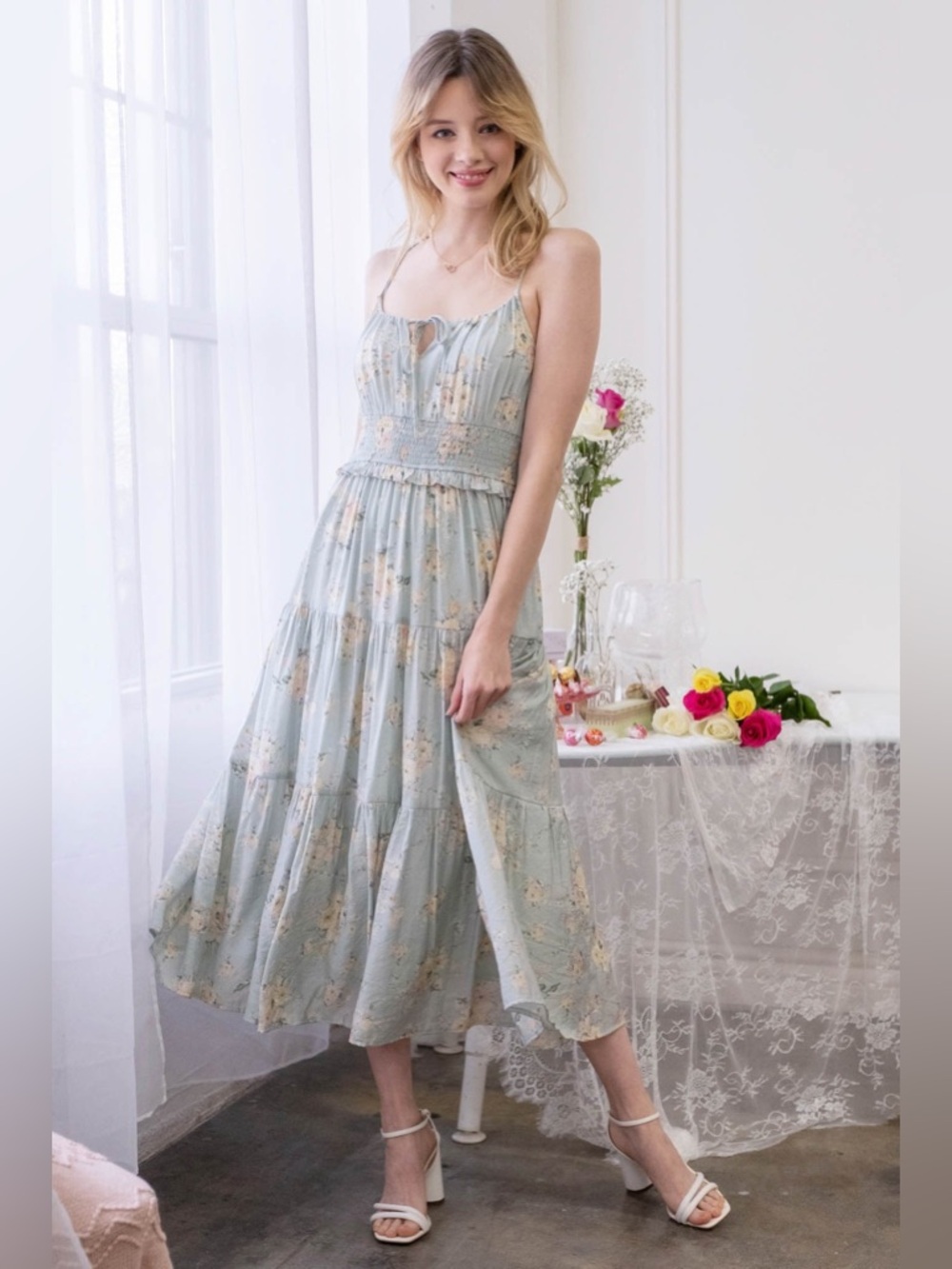 Light teal green blue floral maxi dress